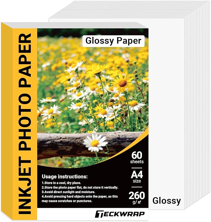 TECKWRAP Glossy Photo Paper 8.5" x 11", Glossy Photo Paper for Inkjet Printer, Works with Inkjet Printer, 60 Sheets, 260gsm/69 lb