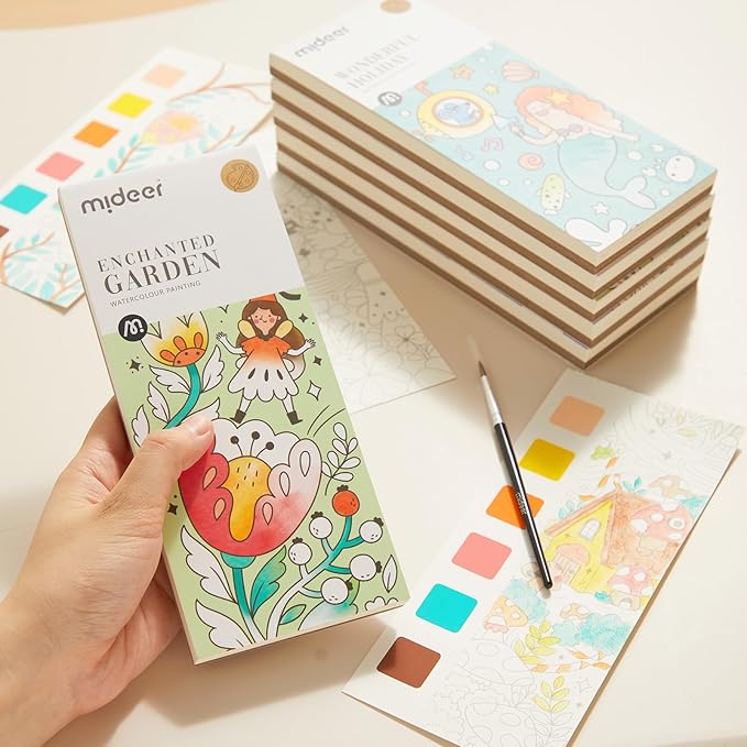 MiDeer Watercolor Painting Book for Kids Ages 4-8, Pocket Watercolor Painting Book Arts and Crafts for Toddlers, Travel Activities Paint with Water Coloring Book Set for Kids 3-8 (Enchanted Garden)