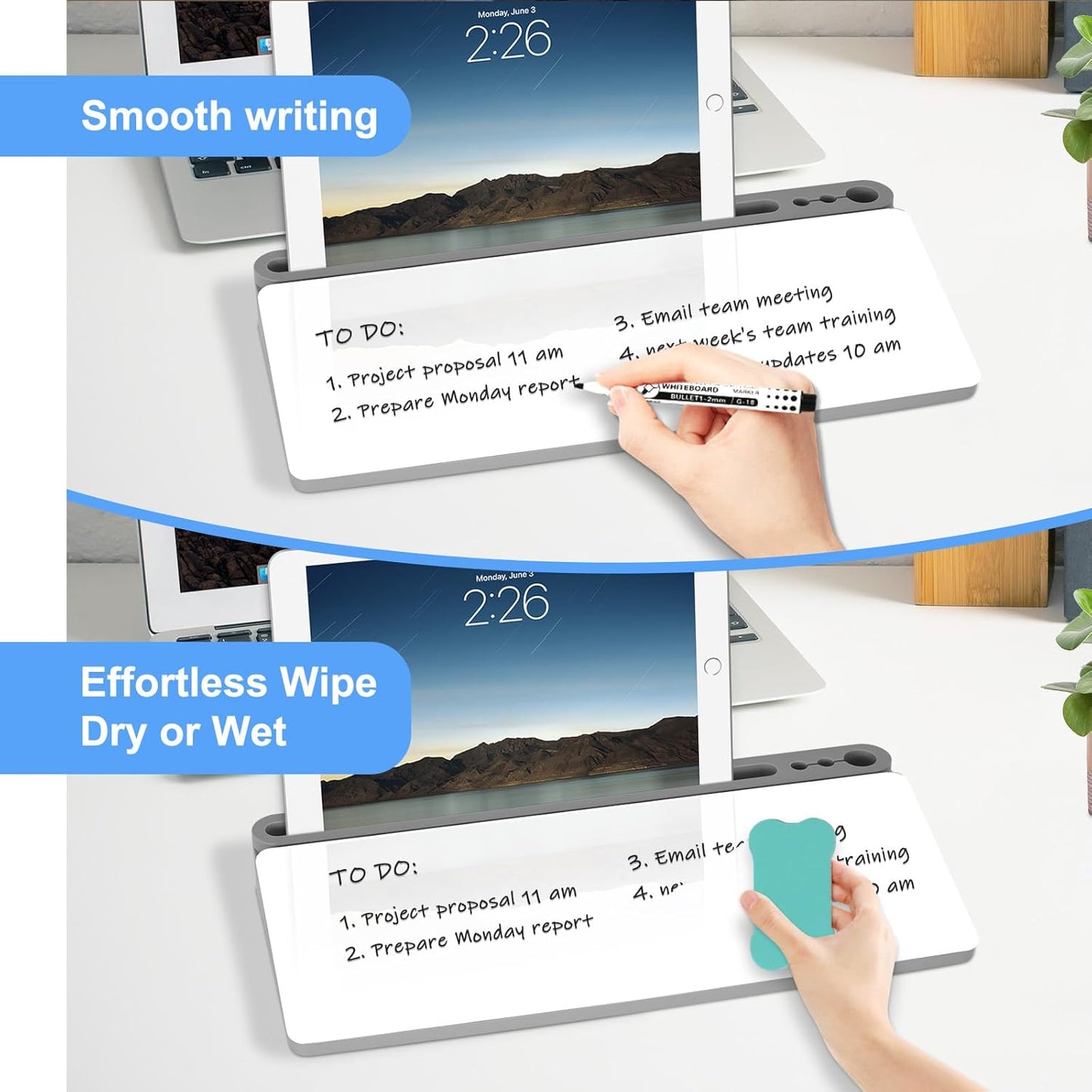 Desktop Glass Whiteboard with Storage, Grey Desk Dry Erase White Board with Computer Keyboard Stand, Desk Organizers and Accessories with Removable Cubicles for Office, Home, College, School