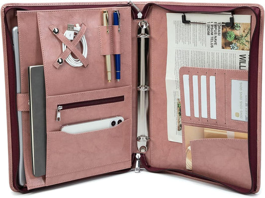 Vegan Leather Portfolio 3 Ring Binder with Clipboard, Hidden Handle, 8.5 x 11 Zippered Padfolio, Business Organizer Professional Executive Folio for Women, Pink