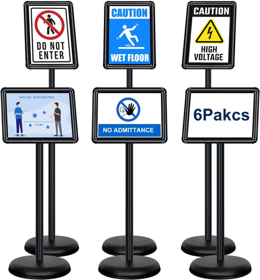 Pedestal Sign Holder 8.5"x 11" Adjustable Standing Sign Holders Black Floor Standing Sign Holder Vertical and Horizontal View Sign Display for Posters, Menu, Ads (6 Packs)