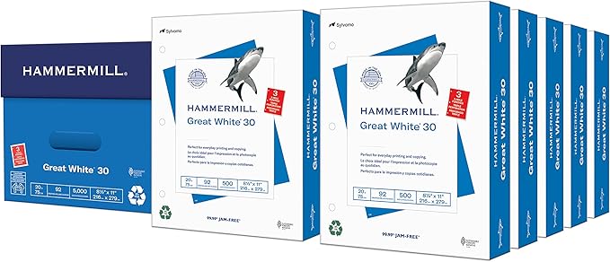 Hammermill Printer Paper, Great White 30% Recycled Paper, 3 Hole - 10 Ream (5,000 Sheets) - 92 Bright, Made in the USA, 086702C