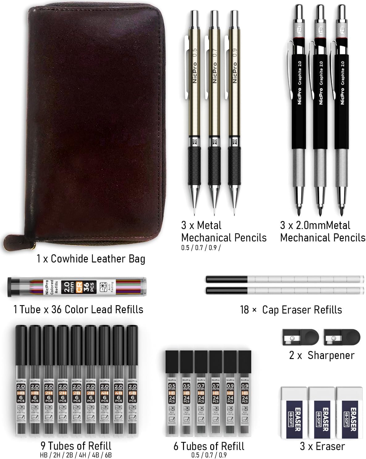 Nicpro 30PCS Art Mechanical Pencil Set in Leather Case, Metal Drafting Pencil 0.5 mm, 0.7 mm, 0.9 mm & 3 PCS 2mm Lead Holders for Sketching Drawing With 16 Tube (6B 4B 2B HB 2H 4H Colors) Lead Refills