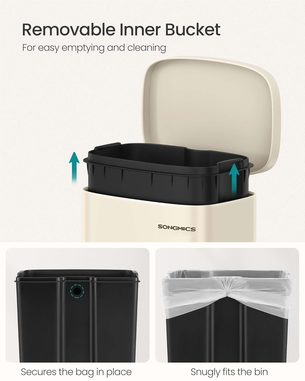 SONGMICS Trash Can with Lid, 8 Gallon Garbage Can, Stainless Steel Small Waste Bin with Step Pedal and Inner Bucket, Soft Close, Kitchen, Sand Beige ULTB003A01