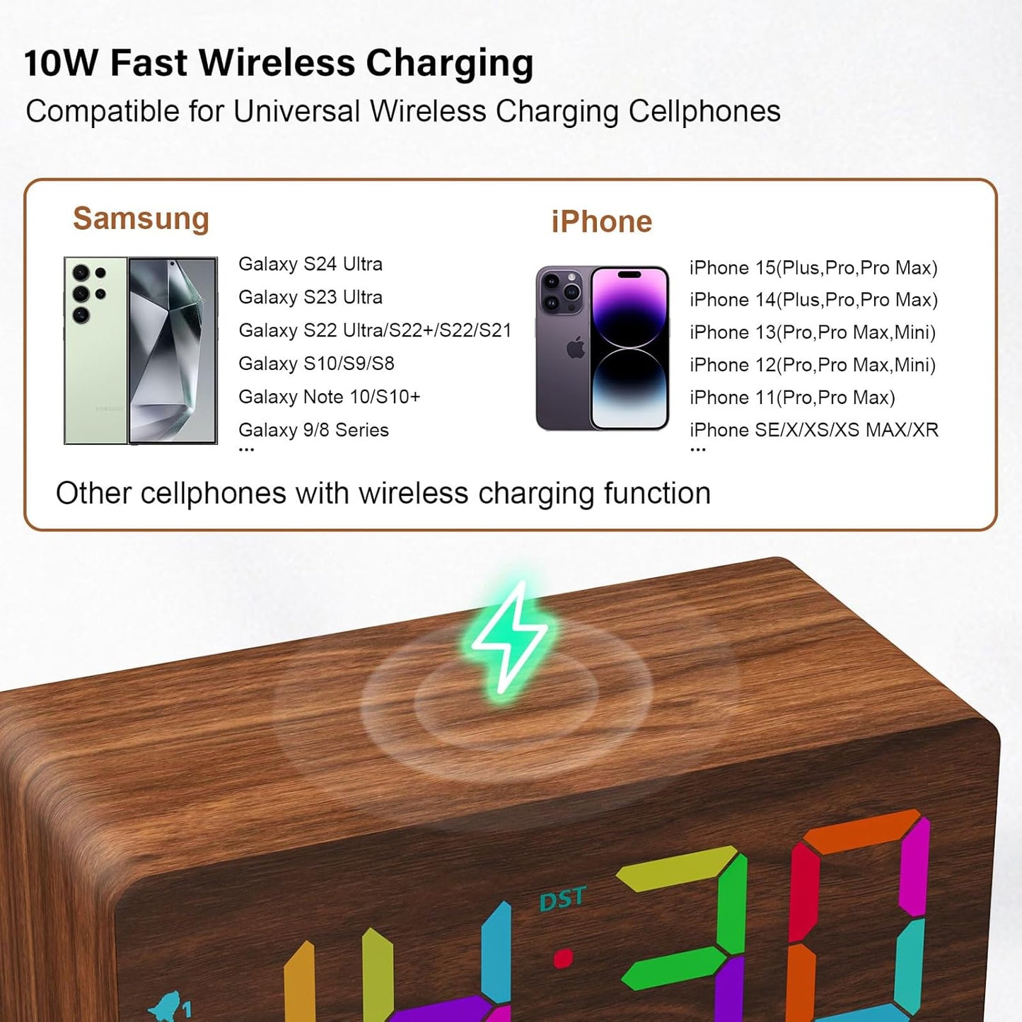 Wooden Digital Alarm Clock with Fast Wireless Charger, Dual USB Charging Ports, DST, Dimmable, Snooze, RGB Large Number Display LED Clock for Bedrooms, Living Room, Desk, Table, Bedside(Brown)