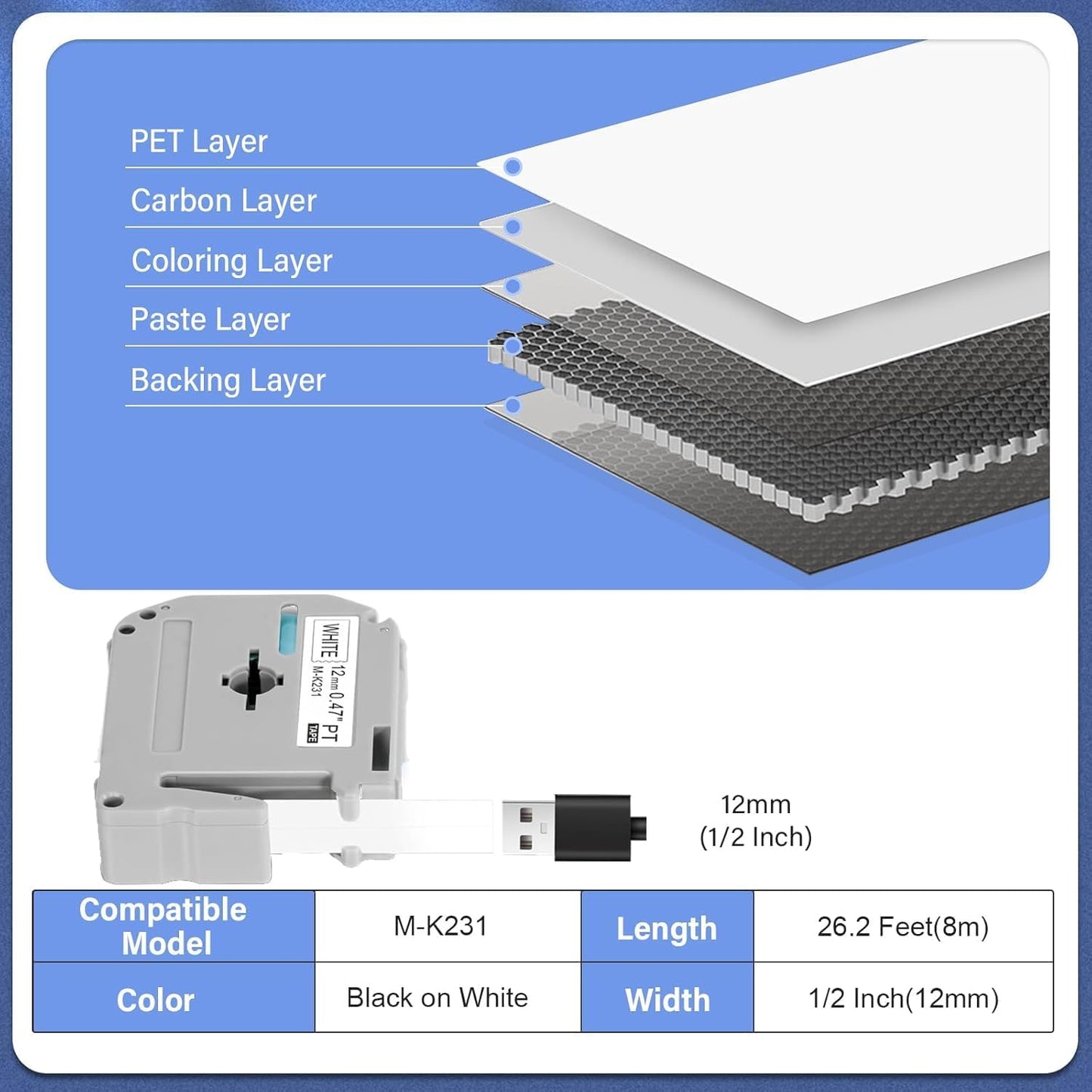 10 Pack M-K231 M Tape 12mm Compatible with M-K231s Brother Label Tape Black on White 0.47 Inch for P Touch PT-M95 PT95 PT65 PT-65 PT70 PT85 PT90 Label Maker Tape Refill