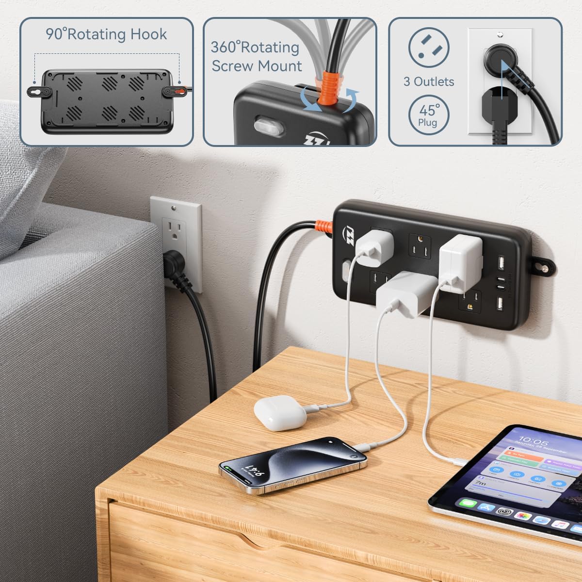 Power Strip Weatherproof, 10-in-1 Surge Protector with 6 Wide Outlets 2USB A and 2USB C,1875W/15A, 6FT Flat Plug Multi-Plug Outdoor Extension Cord for Indoor Outdoor, UL FCC Listed