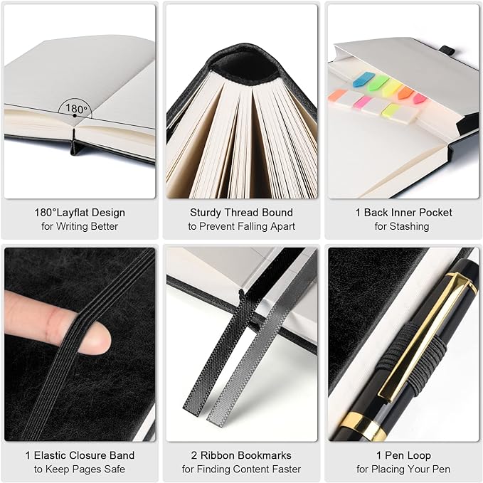 College Ruled Notebook, Large B5 Lined Journal Notebook, 314 Numbered Pages Work Notebook with Index Stickers, 100gsm Thick Paper, Hardcover Vegan Leather Journal for Women Men School Office, Black