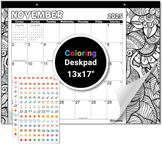 CRANBURY Coloring Desk Calendar 2026, 13.25x17" Doodle Deskpad Calendar or Large Hanging Wall Planner, Includes Planner Stickers, 14 Months, Use Nov 2025 to Dec 2026