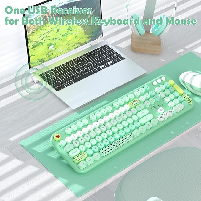 Wireless Keyboard Mouse Set,MOFII 104 Round Keys Lovely Retro Cute Colorful Computer Typewriter Keyboard and Mouse for PC/Mac/Laptop/Tablet/Computer/Windows Green
