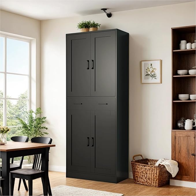 Black Kitchen Pantry, 71" Tall Storage Cabinet with Doors and Drawer for Kitchen, Hallway, Office