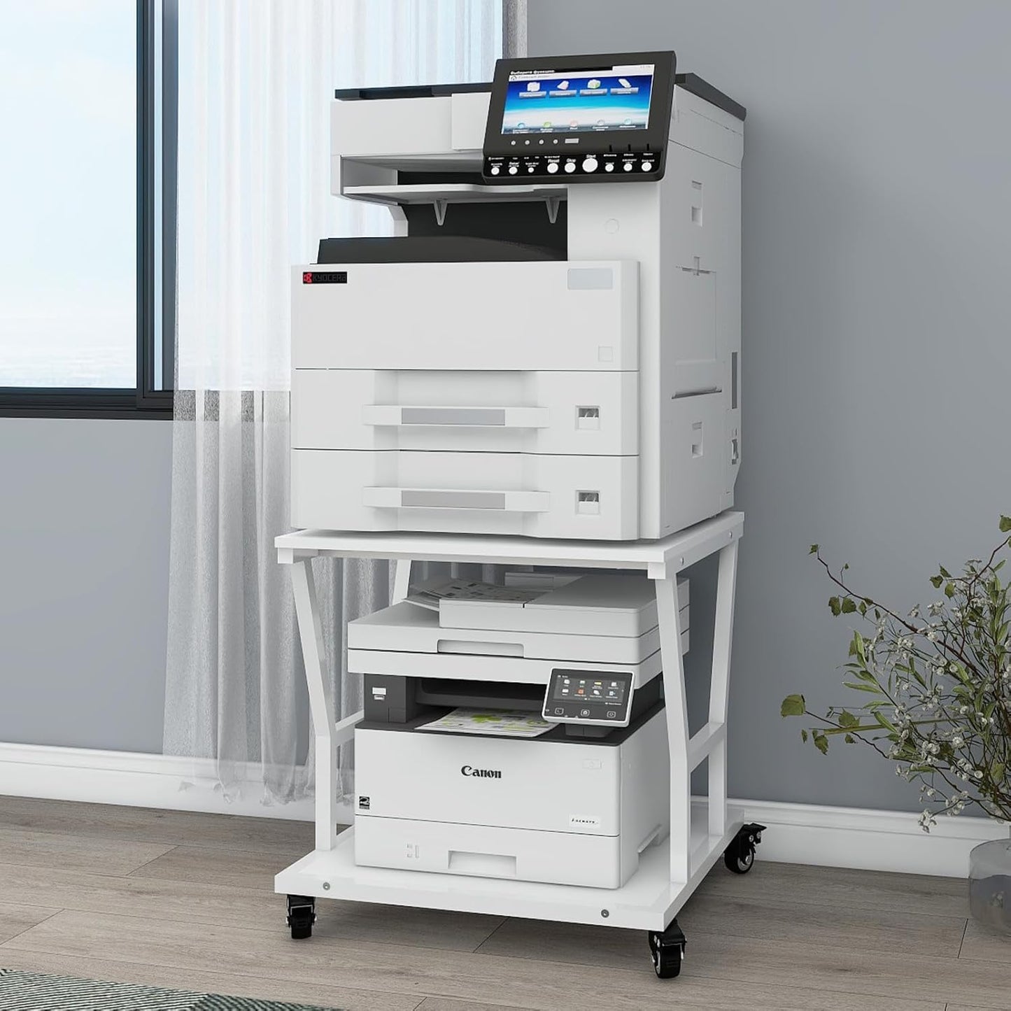 Natwind 2-Tier Large Printer Stand,23.6"x23.6"x29.5" Heavy-Duty Printer Table Cart with Paper Storage Shelf & Wheels,Ideal for Home Office Laser Printers, Copiers (White)