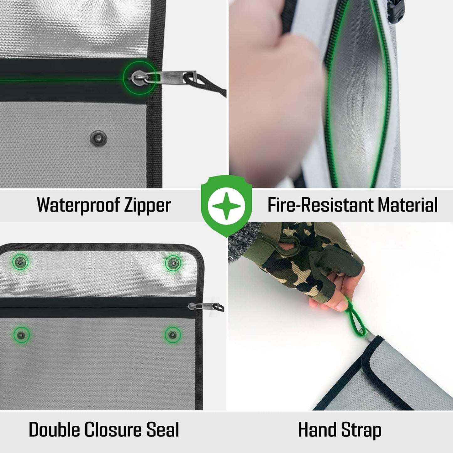 Fireproof Document Bag, Waterproof Money Bag Pocket with Zipper Closure, Storage Pouch for Valuables, A4 A5 Document File, Cash, Credit Card, Passport (Grey, 13 x 9 inch)