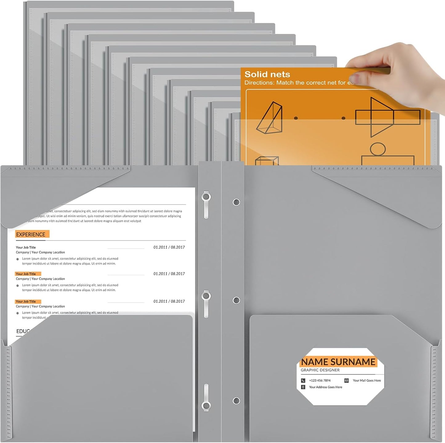 Henoyso 18 Pcs Plastic Folder with Clear Front Pocket and 3 Prong Plastic Folders with Card Slot Pocket Folders with Prongs for School Office (Gray)