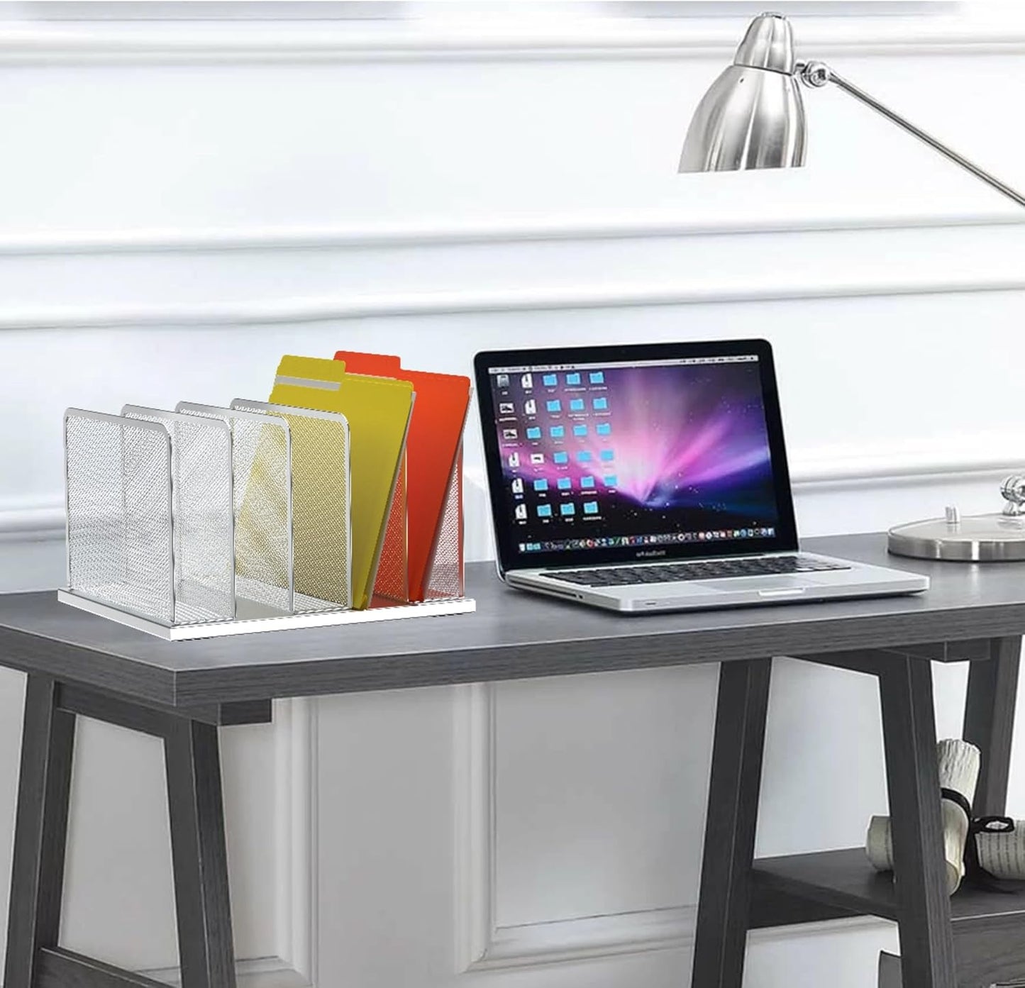 Kuntine.B Desk File Organizer Upright Mesh Desktop Organizer File Sorter Office Organization File Holder for Home, Office & Classroom (Silver, 1 Pack 5-Section)