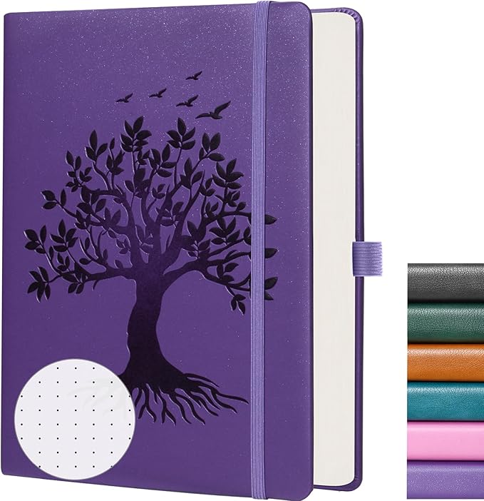 ZXHQ B5 Bullet Dotted Journal Notebook for Women:150gsm Thick Paper, 256 Pages, Dot Grid Hardcover, Tree of Life Design, Fine Inner Pocket - 7.7" × 10" Purple