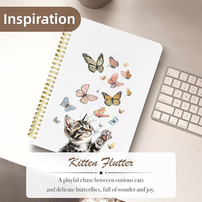 Cute Spiral Notebook journal B5 Aesthetic Pretty Design for Women Girls Kawaii with Pocket, 10 x 7.2 inch, Lined, Cat Butterfly