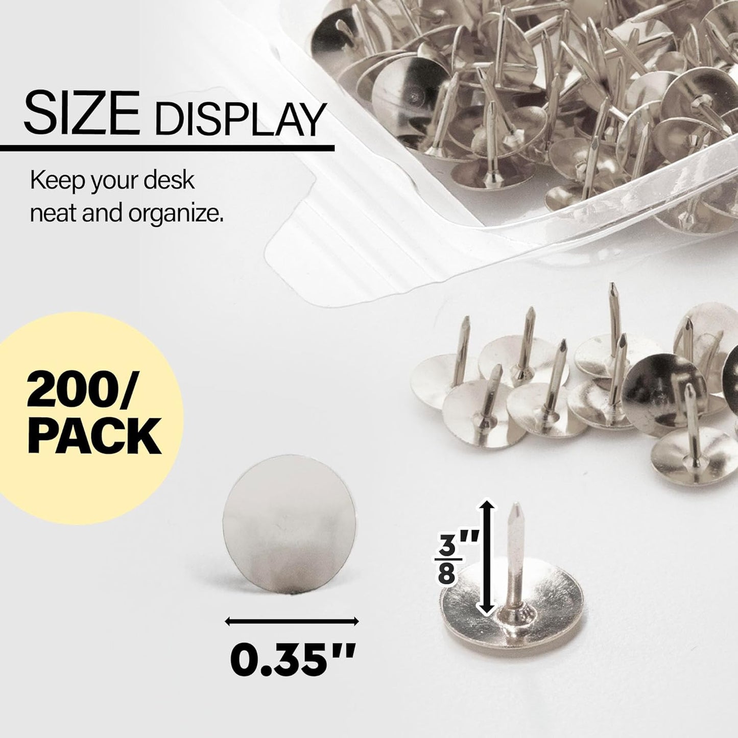 BAZIC Push Pins, Nickel Silver Flat Head Steel Point Thumb Tacks Pin for Cork Bulletin Board Map Posters Picture Office School (200/pack), 1-Pack…