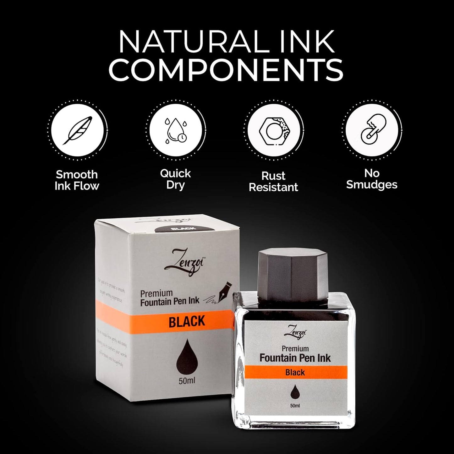ZenZoi Fountain Pen Ink Bottle 50ml | Premium Designed Bottled Ink for Fountain Pens – Suitable for Calligraphy and All Branded Pens | Quick Drying and Smooth Flow Writing Experience (Black)