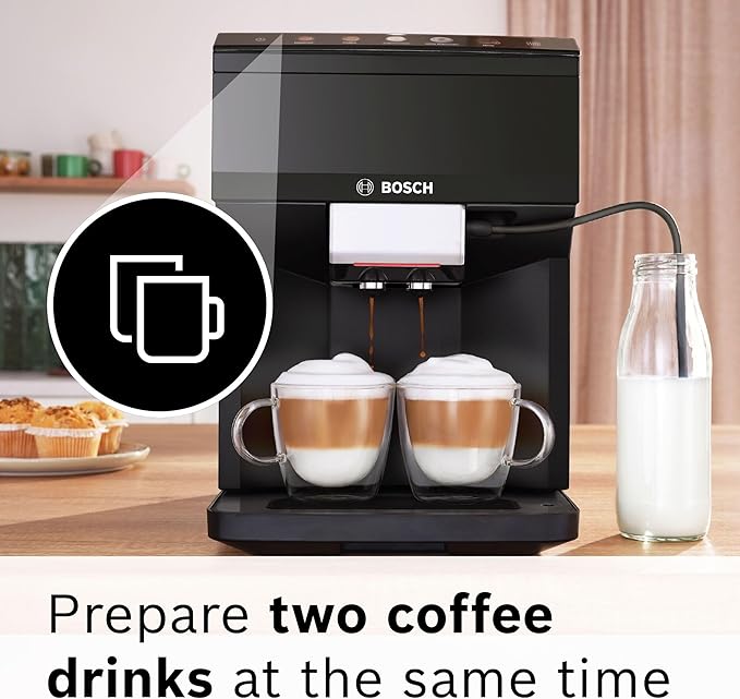 Bosch 500 Series Fully Automatic Espresso and Coffee Machine – Touch Control Panel, Milk Hose, Ceramic Grinder, Uses Beans & Ground Coffee, 9 One-Touch Drinks, in Black TPU40109