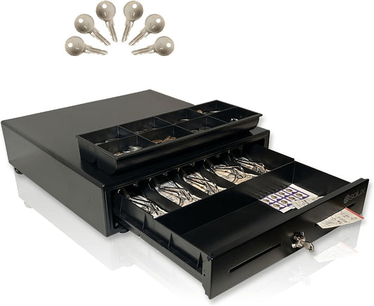 SOLUX 16" Cash Drawer - Cash Registers - Cash Register Drawer for POS - Square Cash Drawer - for Small Businesses - Removable Coin Tray - 24V, RJ11/RJ12- Key Lock - 5 Bill - 5 Coin, Black