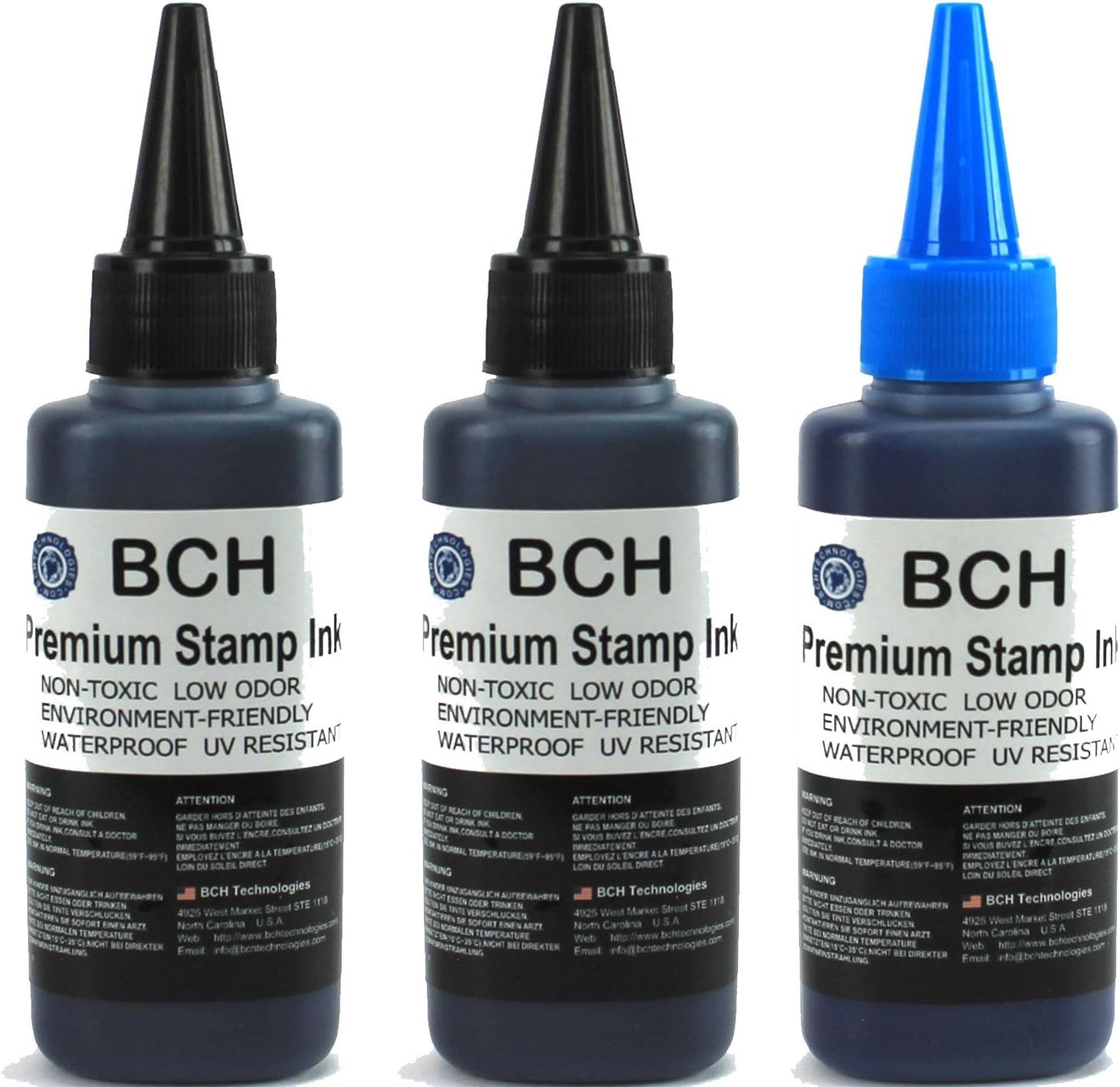 2X Black+ 1X Blue Stamp Ink Refill by BCH - Premium Grade -2.5 oz (75 ml) Ink Per Bottle (7.5 oz / 225 ml Total)