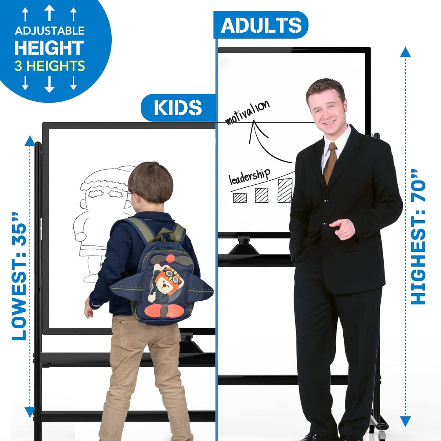 Large Dry Erase Board 48 x 36 Magnetic Non-Foldable Whiteboard with Stand Portable Mobile Rolling Double Sided with Wheels for Office Home Classroom