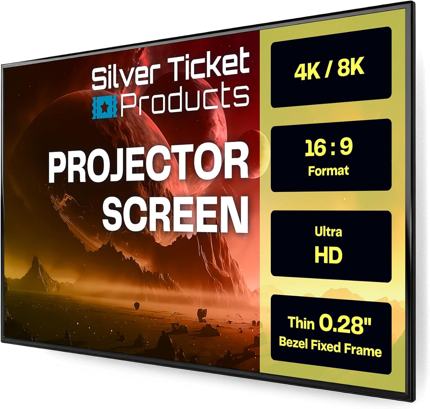Silver Ticket Products S7 Series 6 Piece Thin Bezel Home Theater Fixed Frame 4K/8K Ultra HD, HDTV, HDR & Active 3D Projection Screen, 16:9 Format, 110" Diagonal, Woven Acoustic Material S7-169110-WAB