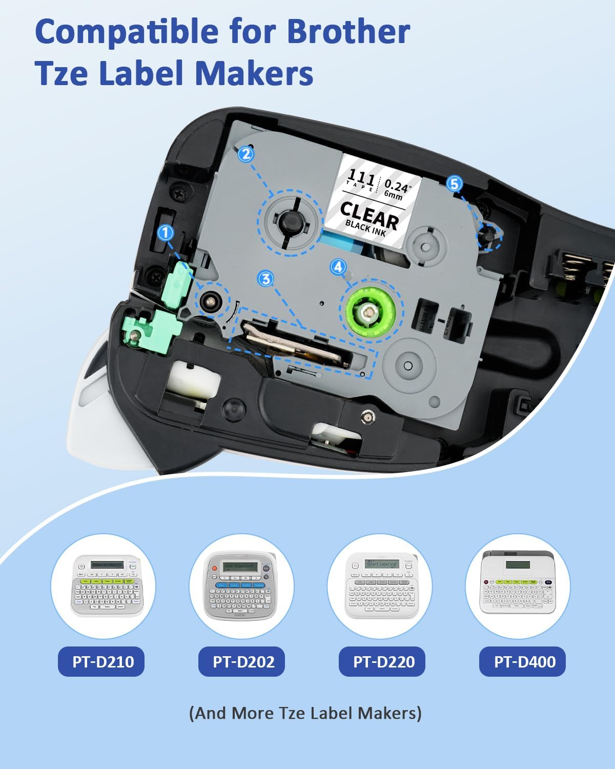 6mm 0.23 Laminated Clear Label Tape Tz-111 TZ Tape Compatible for Brother P-Touch Tze-111 1/4" Tze Label Refills Work for Ptouch Label Maker PT-D220 PT-D210 PT-H110 PT-D400, Black on Clear, 4-Pack