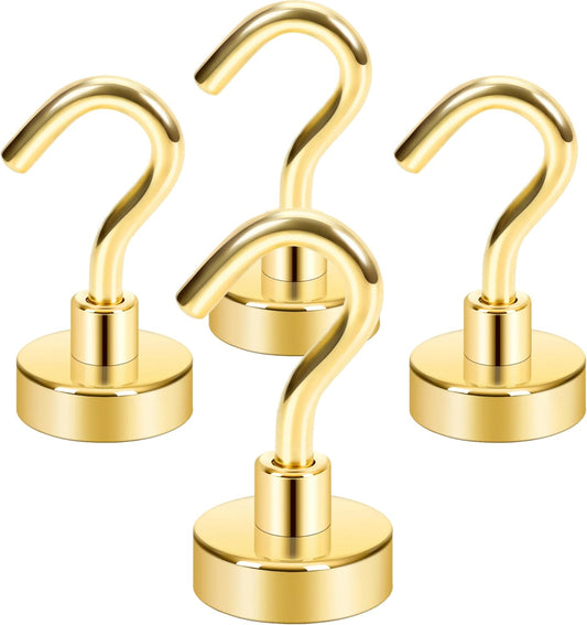 Neosmuk Magnetic Hooks,Heavy Duty Earth Magnets with Hook for Refrigerator, Extra Strong Cruise Hook for Hanging, Magnetic Hanger for Cabins, Grill (Gold, Pack of 4)