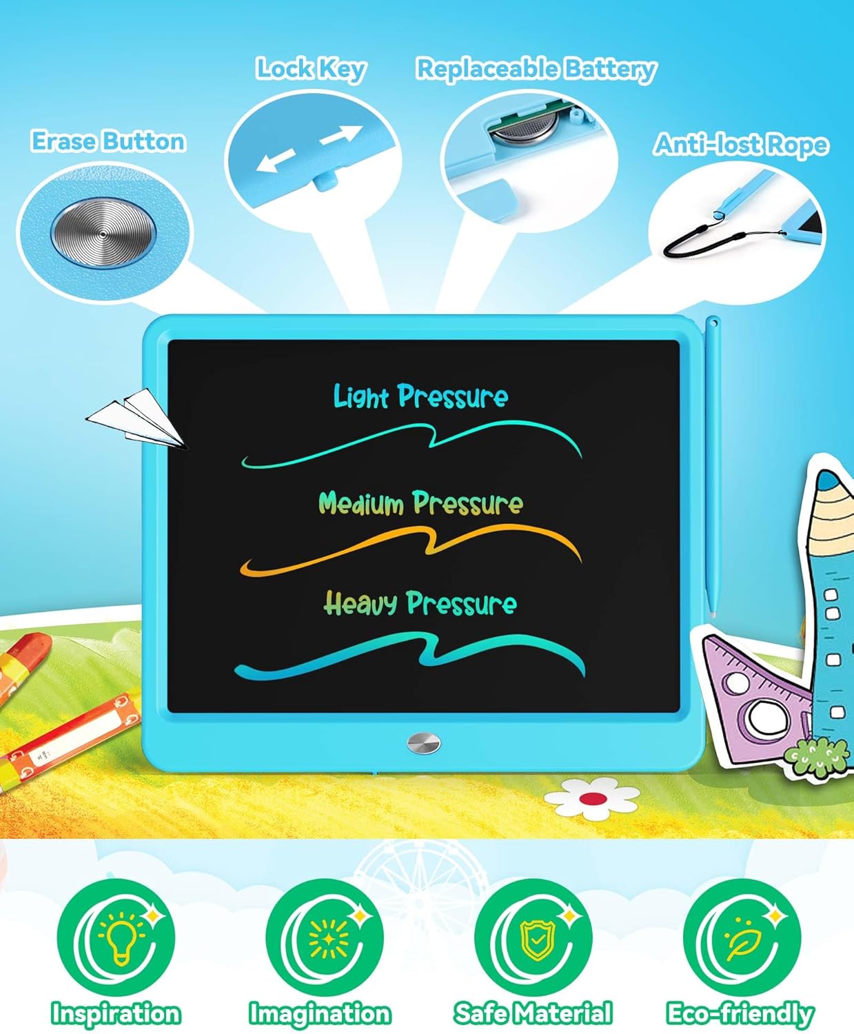 KOKODI 15 Inch LCD Writing Tablet with Anti-Lost Stylus, Erasable Doodle Board Colorful Toddler Drawing Pad, Car Travel School Games Toys for 3 4 5 6 7 8 Kids, Birthday Gift for Girls Boys Blue