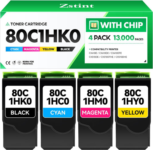 80C1HK0 80C1HC0 80C1HM0 80C1HY0 Toner Cartridge Set 4-Pack Black Cyan Magenta Yellow with chip Replacement Compatible for Lexmark CX410E CX410DE CX410DTE CX510DE CX510DTHE CX510DHE Color Laser Printer
