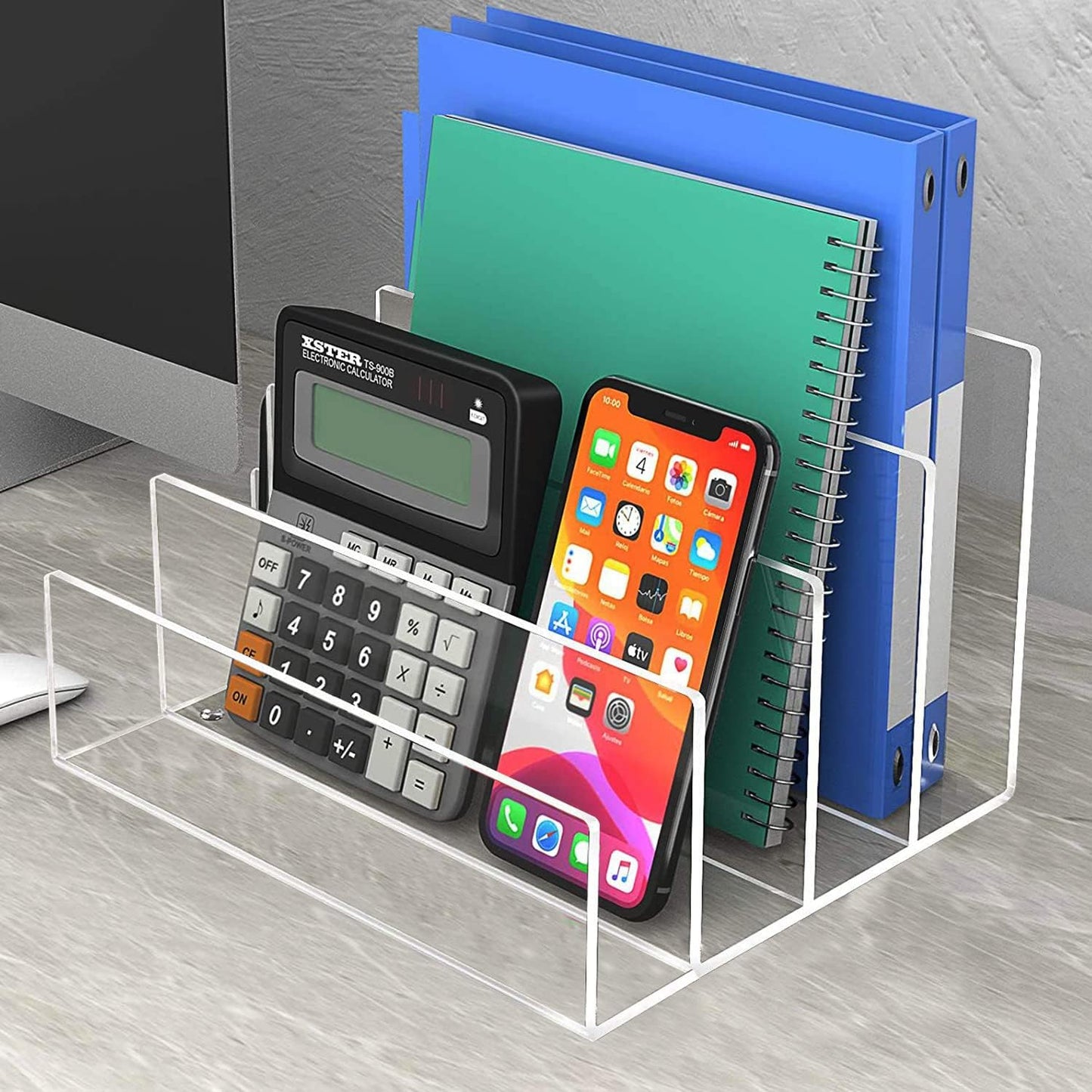 Acrylic File Organizer, 4Sections Clear Desk Organizer for Home Office, Desktop File Folder, Acrylic Mail Organizer Countertop for Notebook, Document and Paper, Clear File Holder,1Pcs