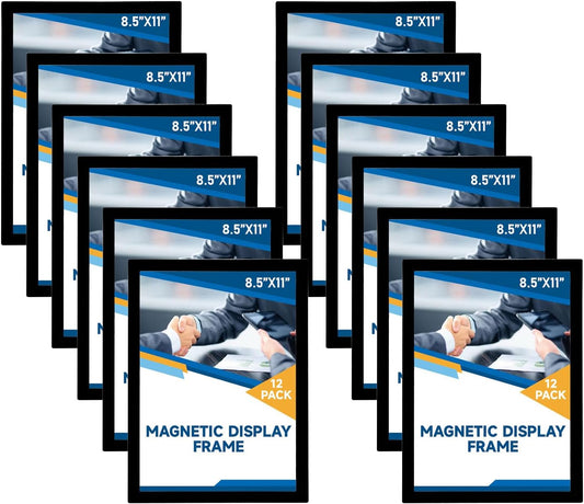 Magnetic Sign Holder - 8.5×11" Wall Mounted Self-Adhesive Magnetic Paper Holder,Transparent Wall Display Frame with Black Edge,Suitable for Office, Store, Mall, Home (8.5"x11" 12pack)