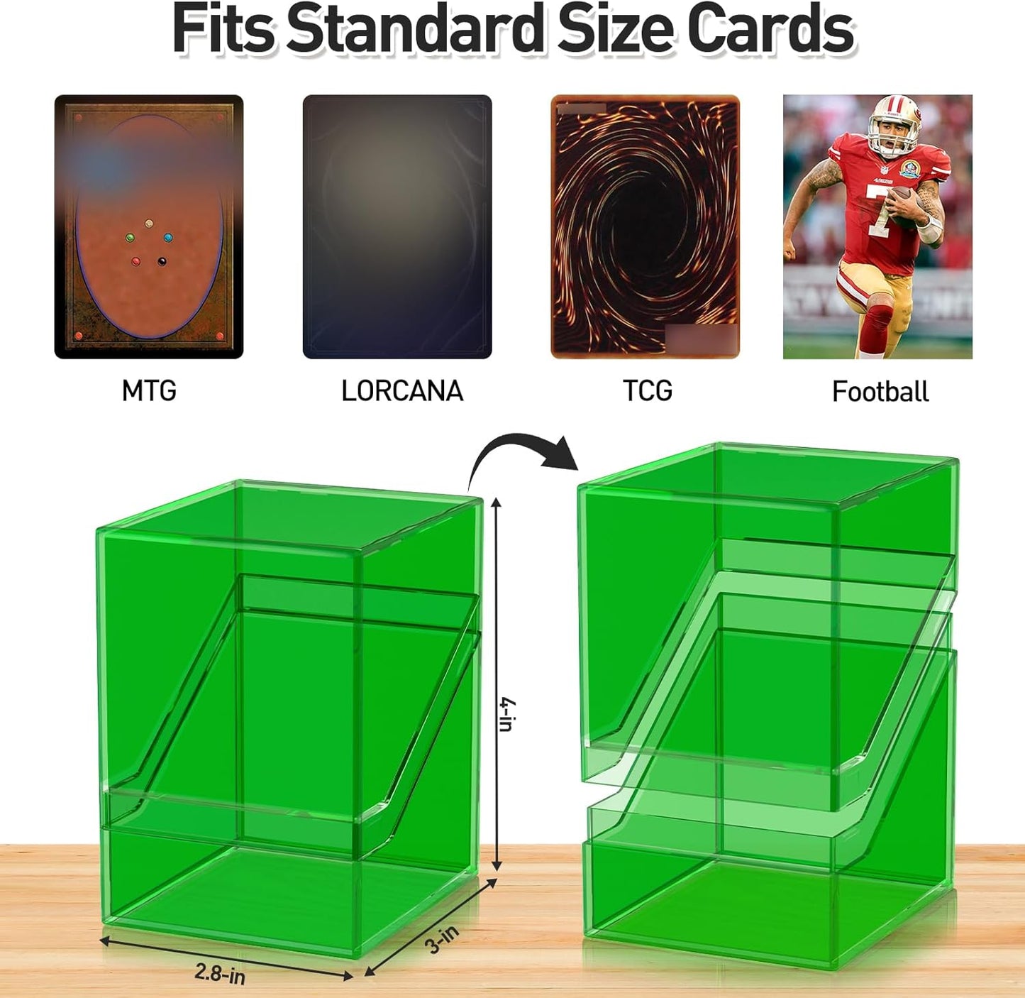 Mlikero Card Deck Cases, Acrylic Commander Deck Box Holding 100+ Sleeved Cards with Dividers, Clear Card Storage Box Fit for MTG, TCG, Sports Cards (Green)