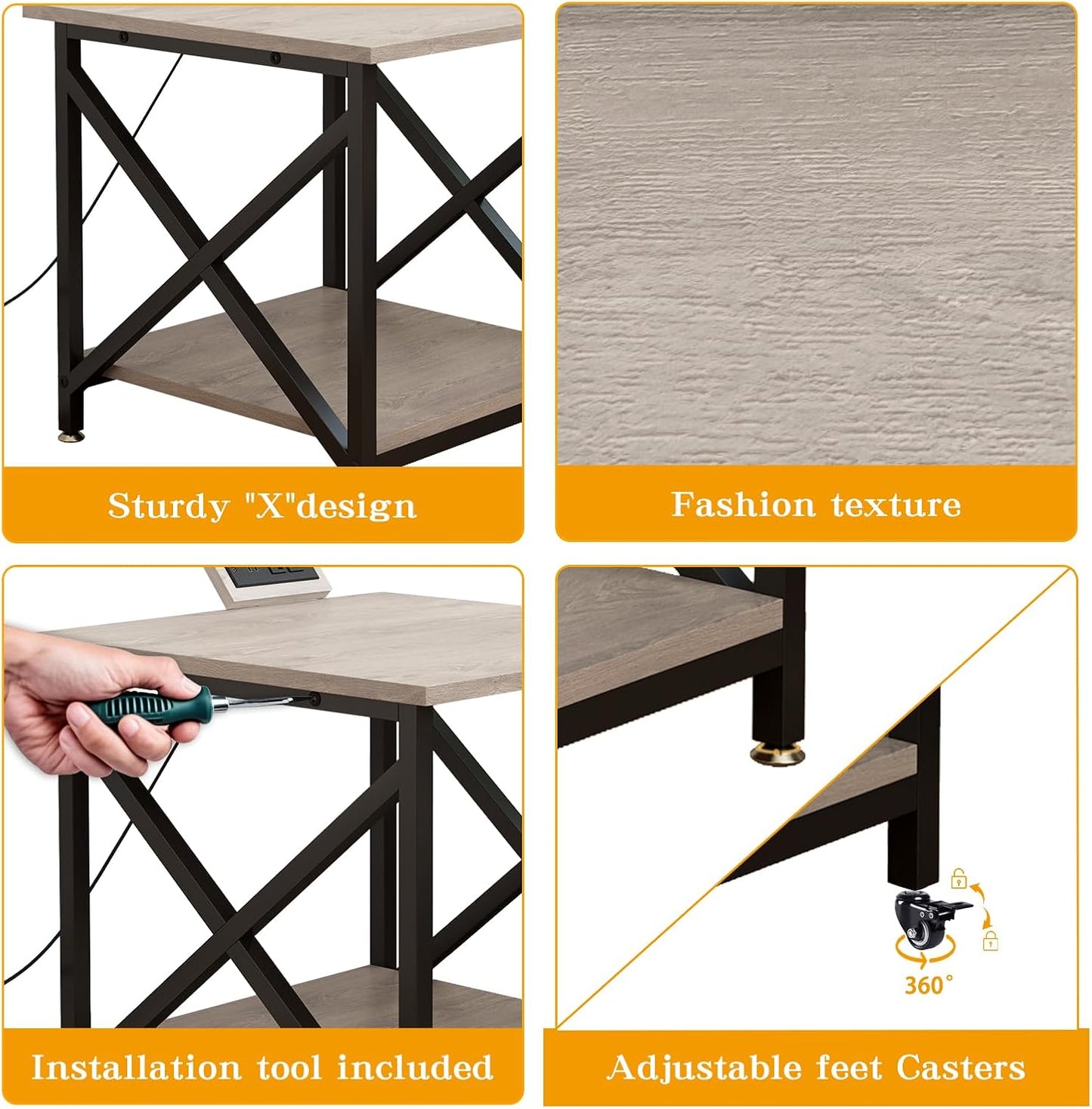 Large Printer Stand with Power Outlet, with Storage Shelf, 2 Tier Rolling Printer Cart with Industrial Wheels, 23.6 x 23.6 Inches Printer Table for Home Office,Greige