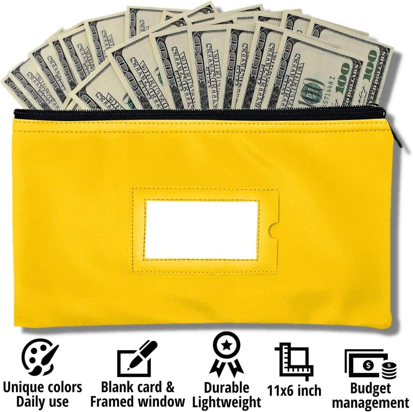 Money Bank Deposit Bag with Zipper | 11x6 inch | Yellow | Durable Leatherette Money Cash Coin Check Wallet Pouch for Men & Women with Framed ID Window and Blank Card (10)