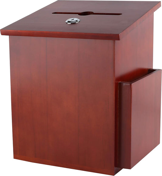 Wood Charity Donation collection Box Office suggestion Ballot Box With wide slot for envelopes and suggestion comment forms, side Pocket and Locking Hinged Lid & Pen for Table Or Counter-top(Mahogany)