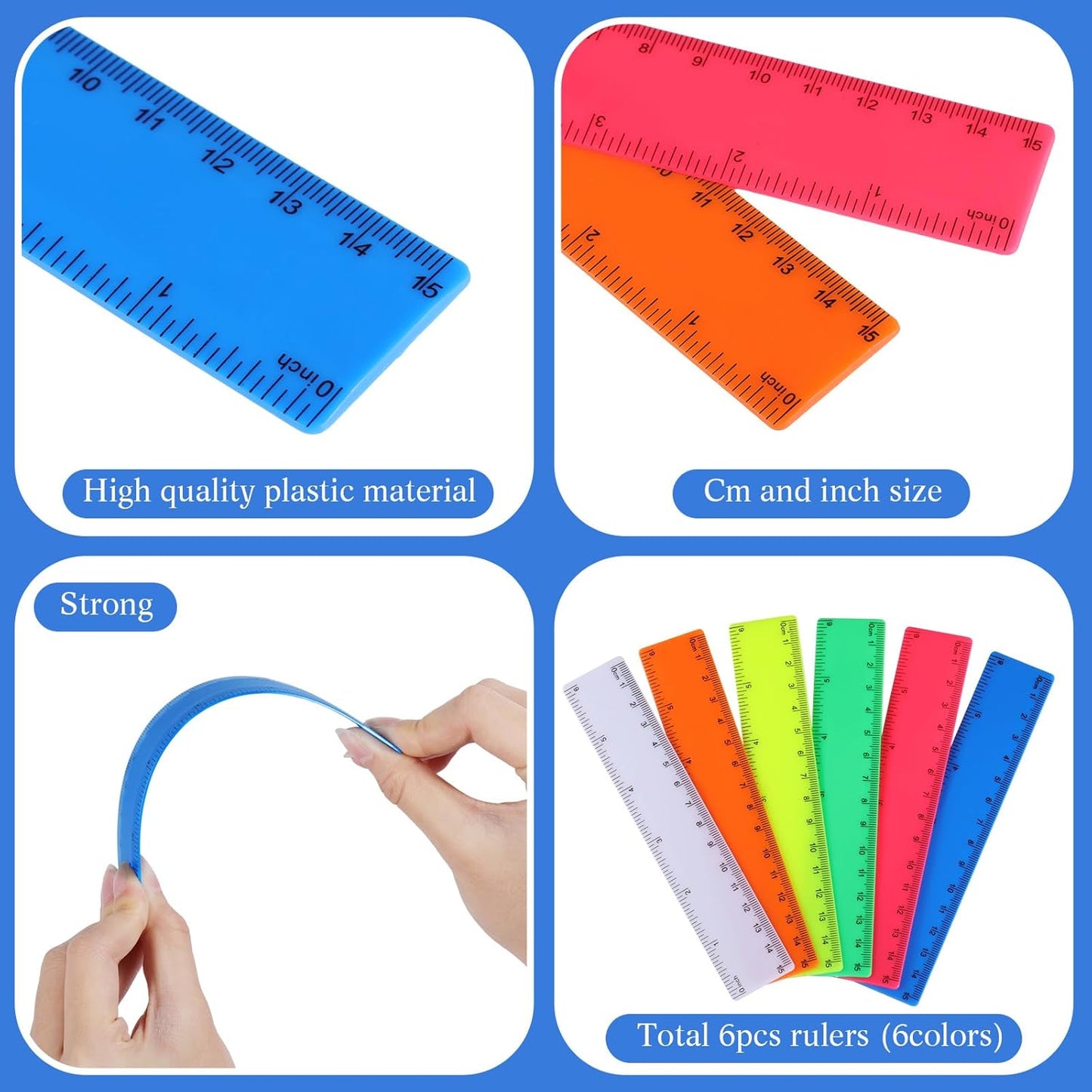Zonon 6 Pcs 6 Inch Ruler Bulk Colorful Plastic Flexible Straight Metric Rulers with Centimeters and Inches Drafting Measuring Tool for Classroom School Students Education