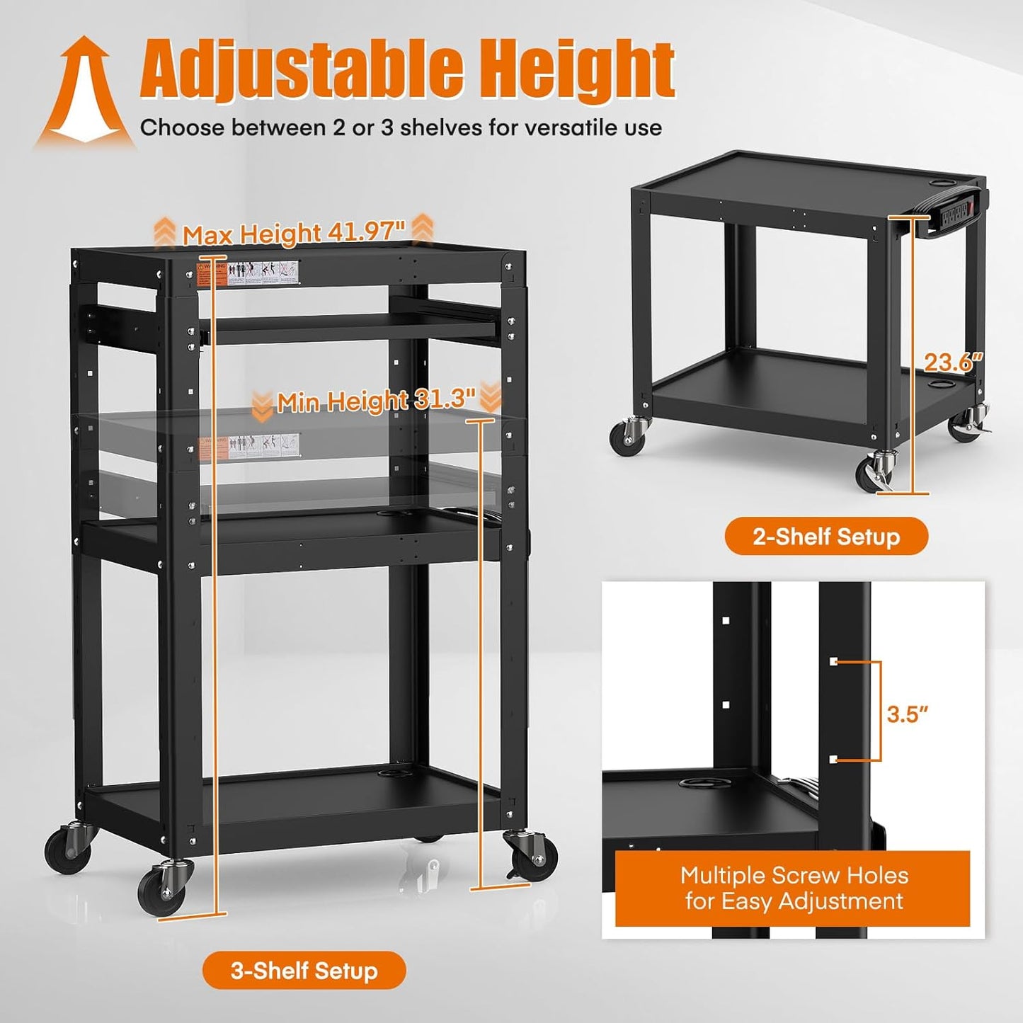 AV Presentation Cart Stand for Video Projector,TV,Laptop Computers,Printers,Metal Construction Rolling Cart with Adjustable Shelves,4 Wheels,4 Outlets, 5.75ft Cord,Support 300 lbs,Black