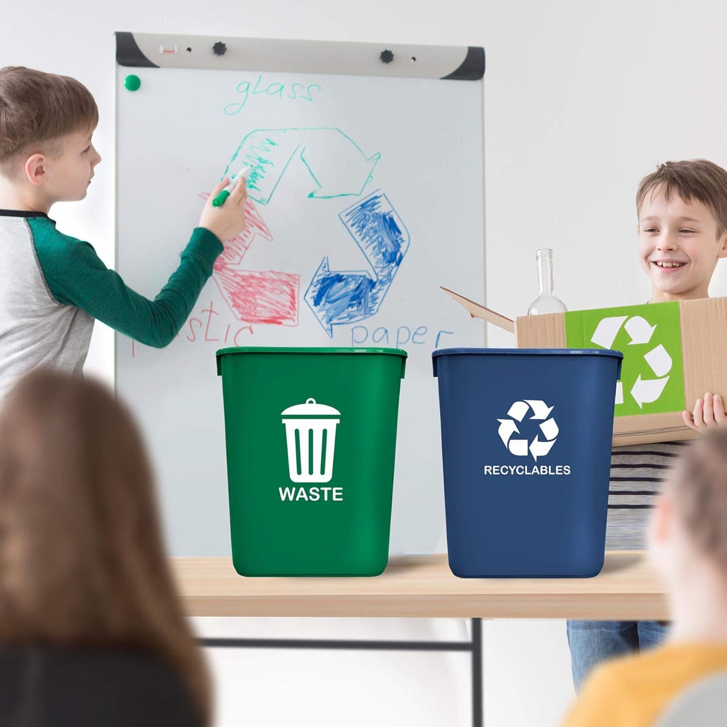 Acrimet Wastebasket Bin for Recycling and Waste, 6.75 Gallon/ 27 Quart/ 24 Liter (Plastic) (Green and Blue) (Set of 2)