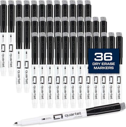 Quartet Dry Erase Markers, Fine Tip White Board Dry Erase Markers with DryGuard Ink Protection, Office Essentials, Black, 36 Pack (Q120Z01-R)