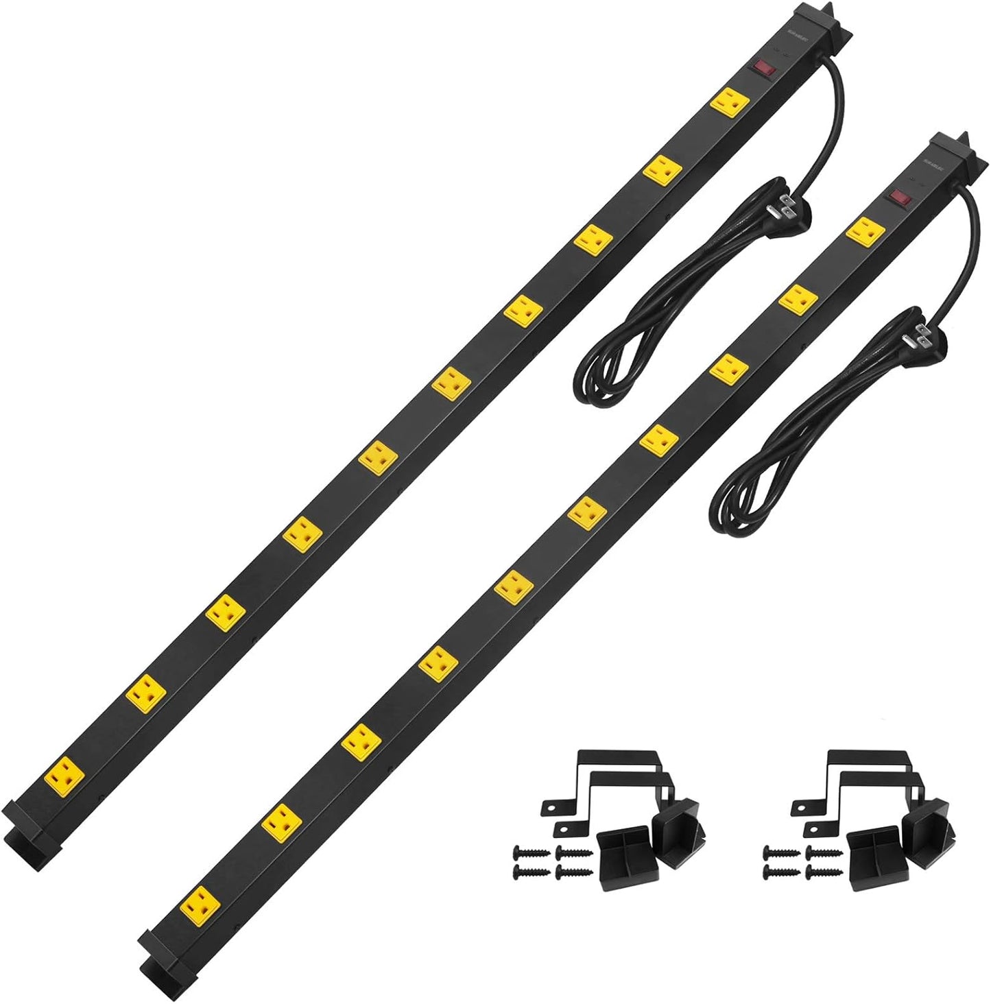 SURAIELEC 10 Outlet Long Power Strip Surge Protector, Industrial Heavy Duty Metal Shop Power Strip Flat Plug, 1000 Joules, 15 A Breaker, 6FT Cord, Wall Mountable, for Work Bench, Shop, Garage, 2 Pack