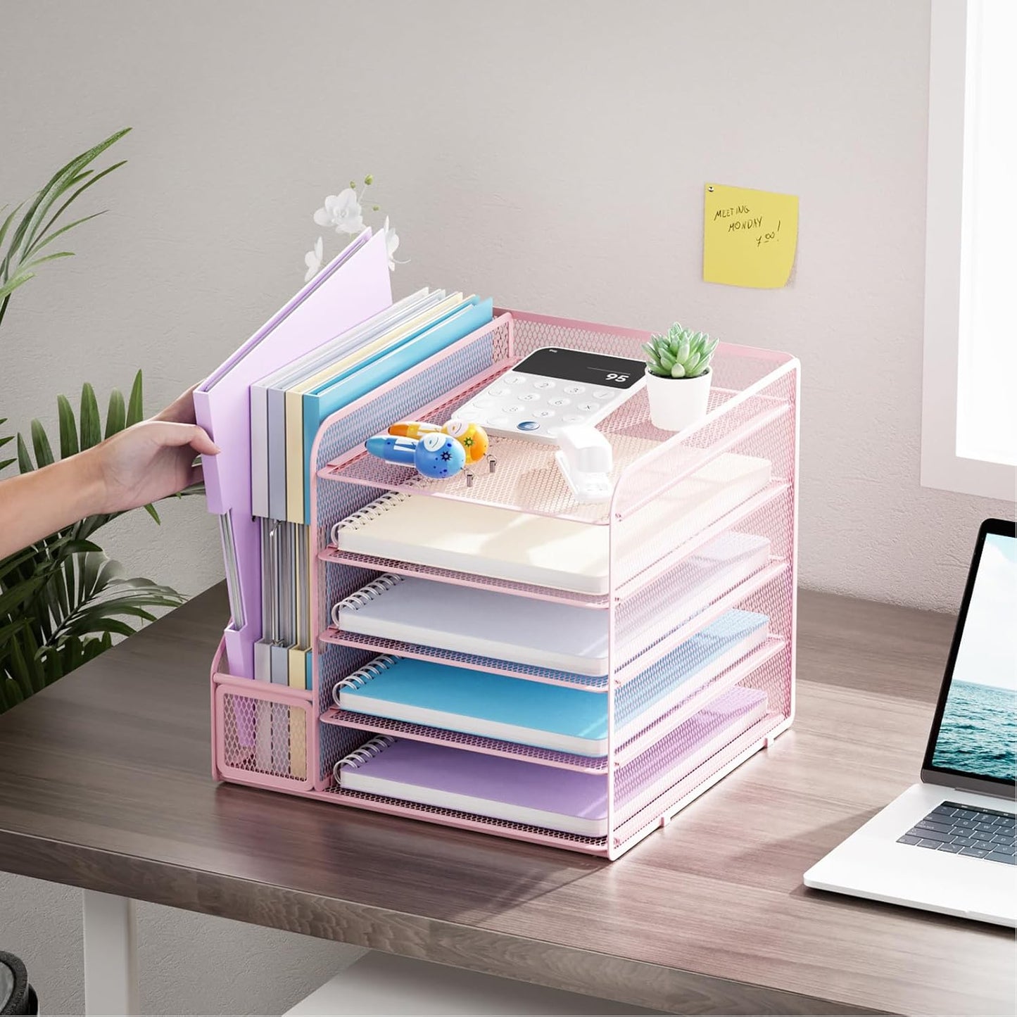 Marbrasse Desk Organizers and Accessories, 5-Tier Paper Letter Tray Organizer with File Holder, Mesh File Organizer, Office Desk Accessories & Organization for Supplies (Pink)