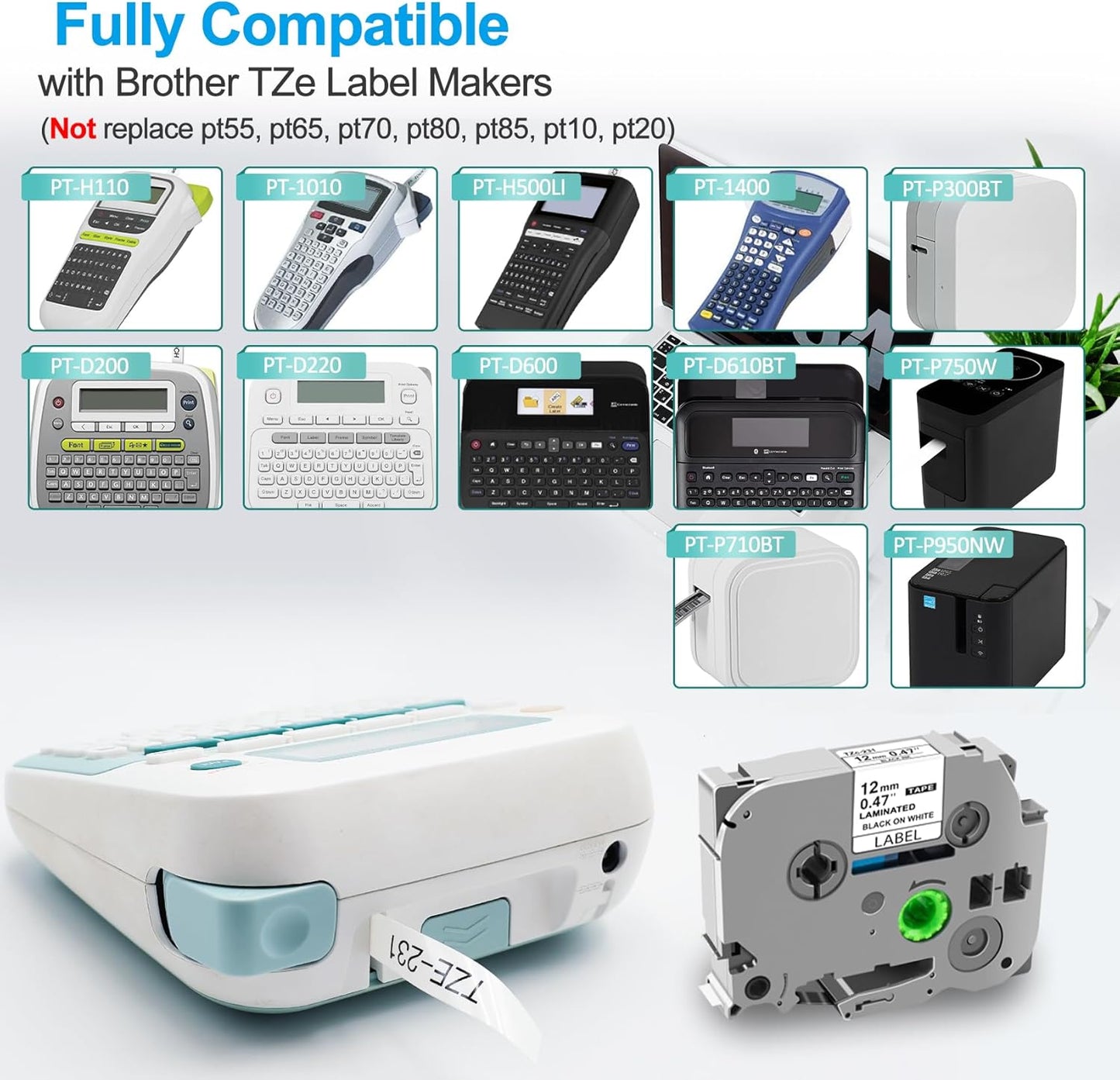 6-PK Replacement for Brother TZe-231 P Touch Label Tape 12mm 0.47 Laminated Black on White, Label Maker Tape TZ-231 for Brother Ptouch Label Maker PT-D220 D210 H110 D400 D600 1880 1900