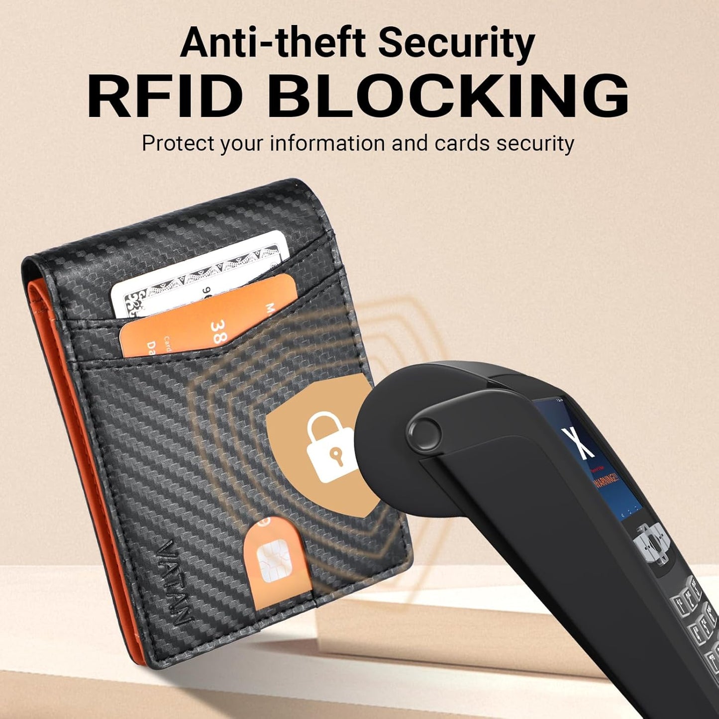 VATAN Wallet for Men, Mens Minimalist Wallet Credit Card Holder, Slim Leather Rfid 2 ID Window Large Capacity With Gift Box (Carbon Black and Orange)