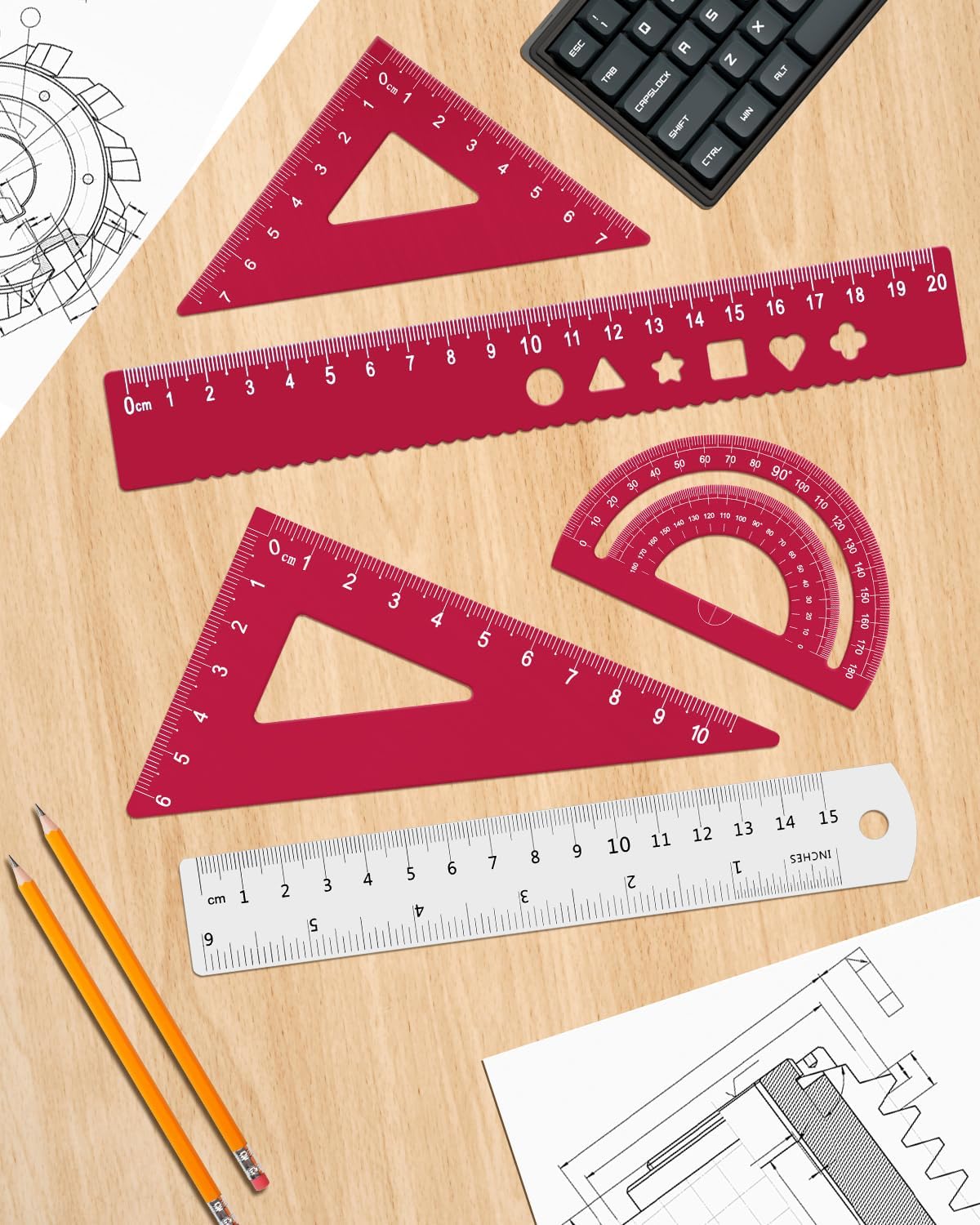 Honagu Triangular Ruler Set, 4+1Pieces Aluminum Alloy Ruler, Metal Drafting Ruler, Geometric Protractor for Students, School Office Supplies (Red, 20cm)
