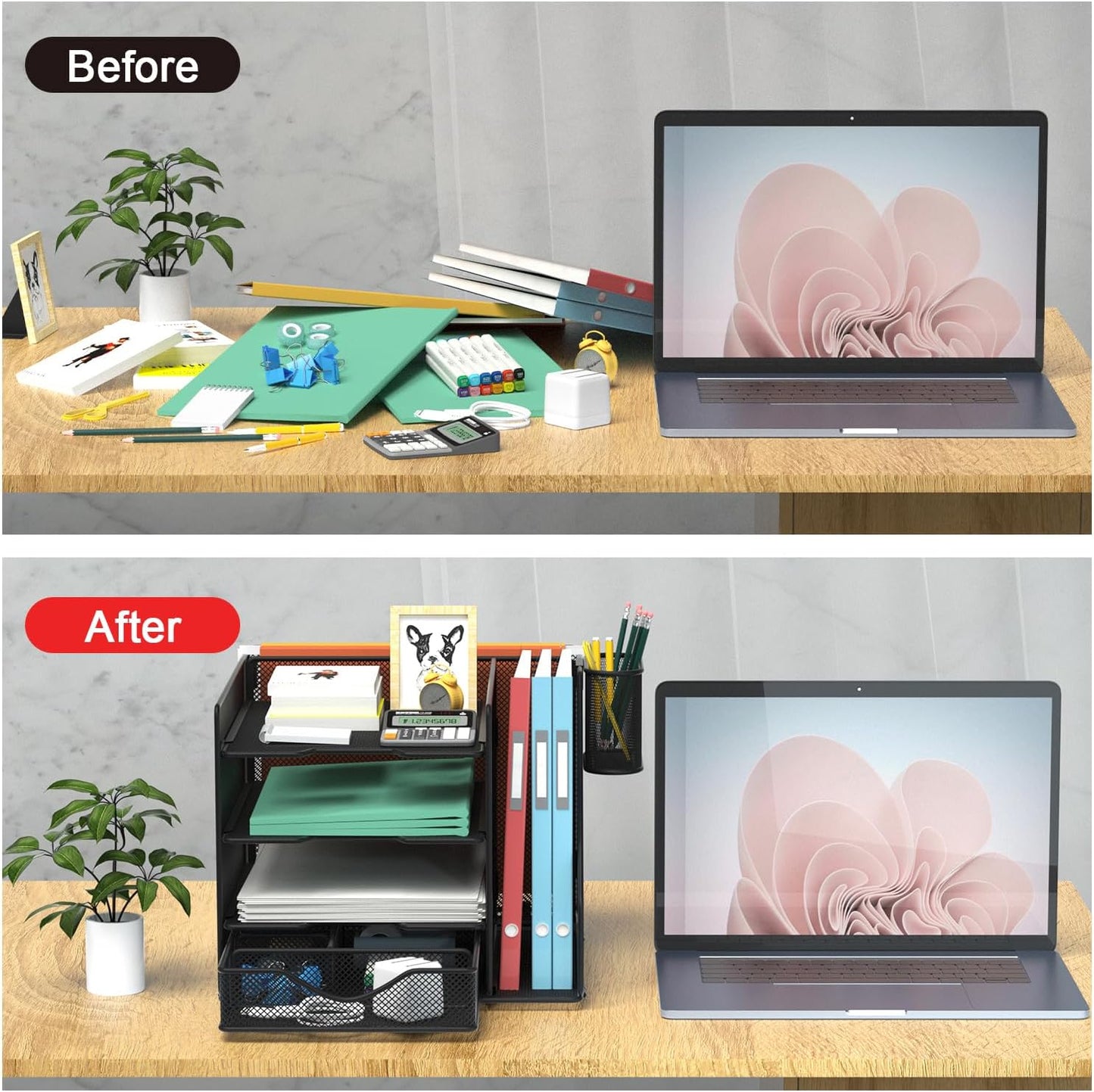 Desk Organizer with Hanging File Holder, Paper Letter Tray Organizer with Drawer and Pen Holder, Mesh Desktop Organizer and Storage for Office Supplies(Black)