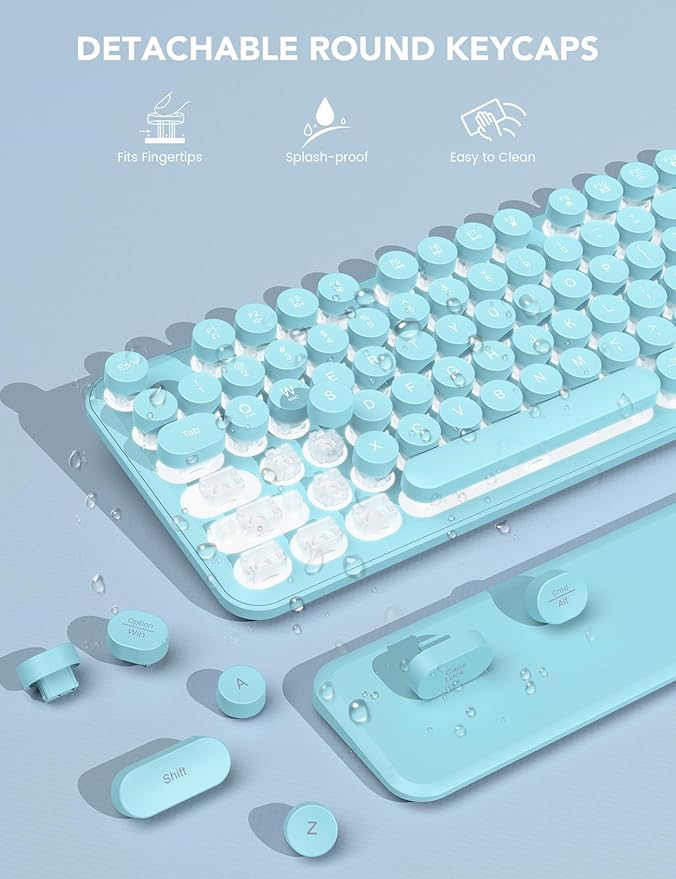 Wireless Keyboard and Mouse Backlit - Typewriter Keyboard with Retro Round Keycaps, Detachable Wrist Rest, Light Up Letters, 2.4G Rechargeable Combo for Mac, Windows, PC, Laptop, Trueque (Aqua Blue)