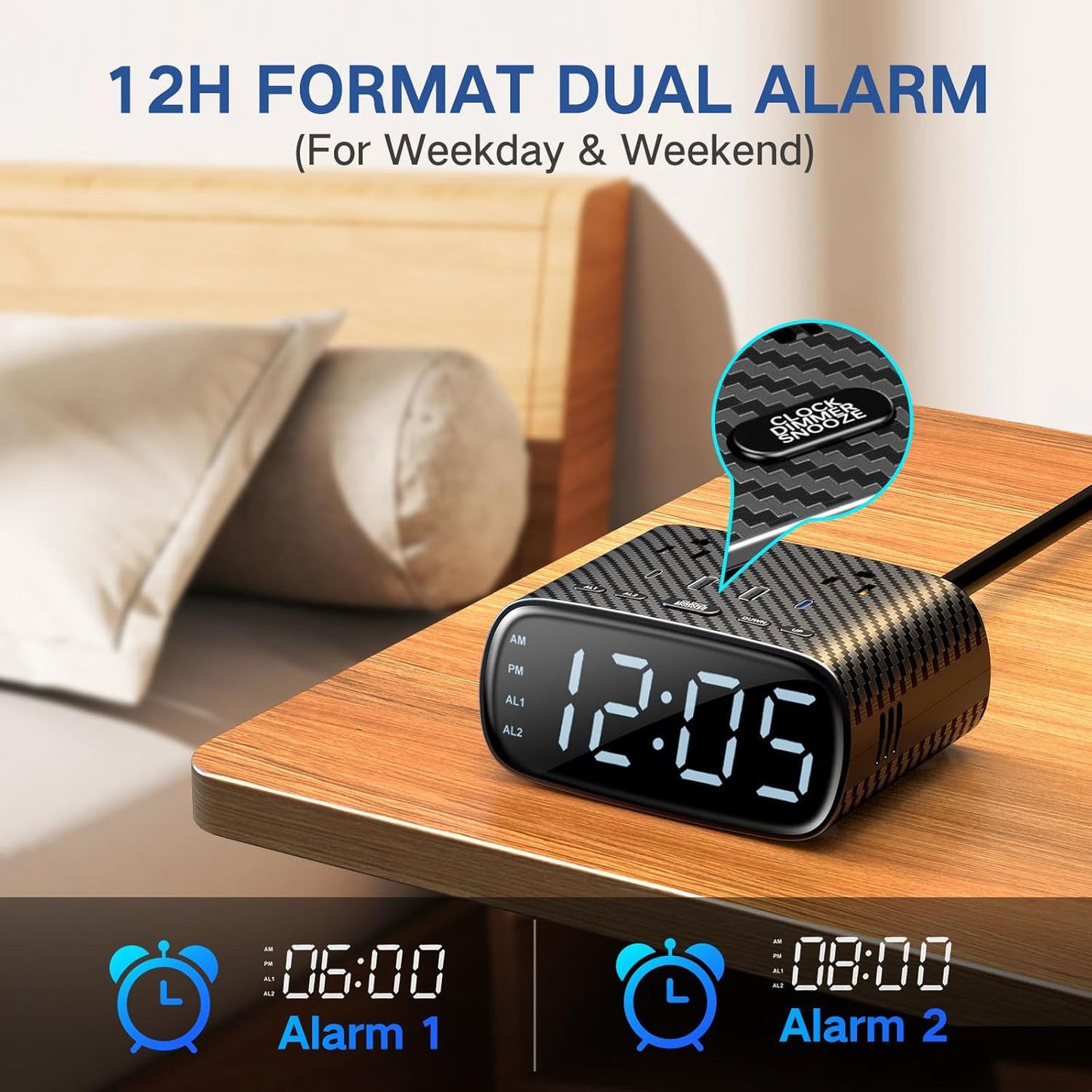 XBA Digital Alarm Clock with 20W USB C Ports, Dual Alarm Clock Power Strip with 2 AC Outlets, 4 USB Charging Ports, Dimmable Snooze Desk Clock with 6FT Cords for Bedrooms,Travel, Black